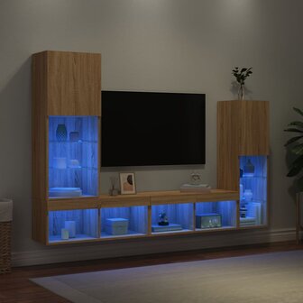 4-delige Tv-wandmeubelset met LED bewerkt hout sonoma eiken 1