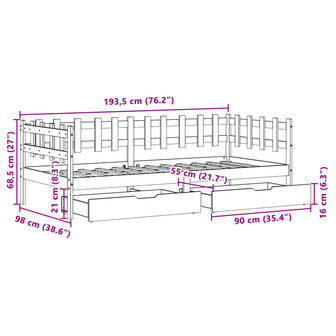 Slaapbank met lades 90x190 cm massief grenenhout 12