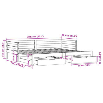 Slaapbank met onderschuifbed en lades 80x200 cm grenenhout wit 12