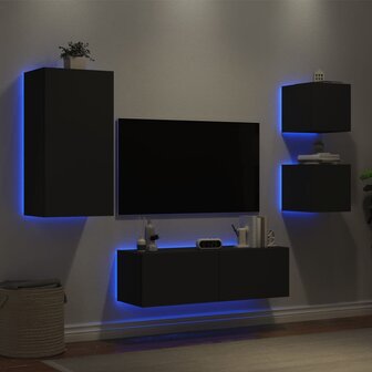 4-delige tv-wandmeubelset met LED-verlichting zwart 1