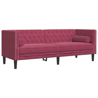 Driezitsbank Chesterfield-stijl met bolsters fluweel wijnrood 2