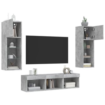 5-delige Tv-wandmeubelset met LED bewerkt hout betongrijs 4