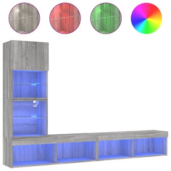 4-delige Tv-wandmeubelset met LED bewerkt hout grijs sonoma 2