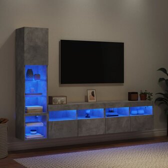 4-delige Tv-wandmeubelset met LED bewerkt hout betongrijs 1