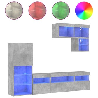 6-delige Tv-wandmeubelset met LED bewerkt hout betongrijs 2