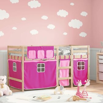 Kinderhoogslaper met gordijnen 90x190 cm grenenhout roze 1