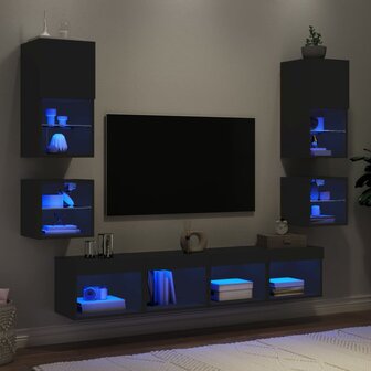 8-delige Tv-wandmeubelset met LED bewerkt hout zwart 1