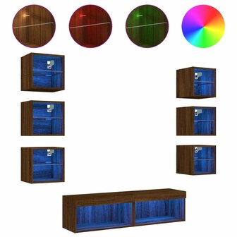 8-delige Tv-wandmeubelset met LED bewerkt hout bruineikenkleur 2