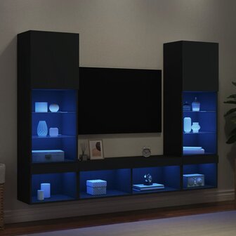 5-delige Tv-wandmeubelset met LED bewerkt hout zwart 1