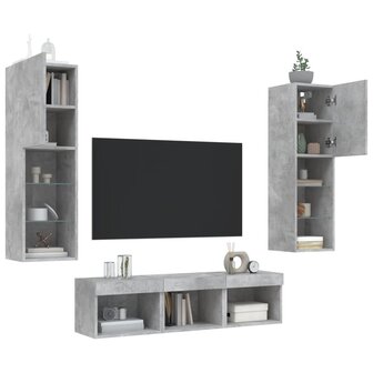 5-delige Tv-wandmeubelset met LED bewerkt hout betongrijs 4