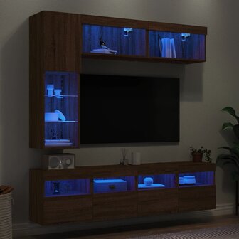 7-delige Tv-wandmeubelset met LED-verlichting bruin eikenkleur 1