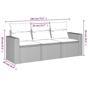 3-delige Loungeset met kussens poly rattan zwart 3