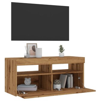 Tv-meubel met LED 90x35x40 cm bewerkt hout artisanaal eiken 1