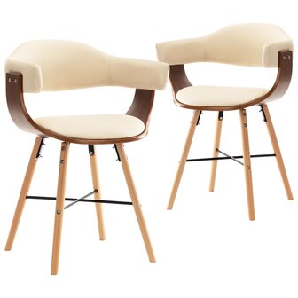 Eetkamerstoelen 2 st kunstleer en gebogen hout cr&egrave;me 2