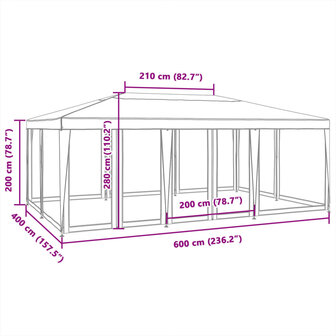 Partytent met 10 mesh zijwanden 6x4 m HDPE wit 8