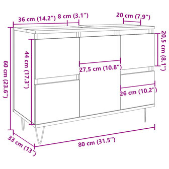 Badkamerkast 80x33x60 cm bewerkt hout betongrijs 11