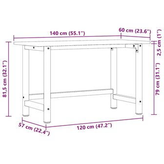 Werkbank 140x60x81,5 cm massief eikenhout 11