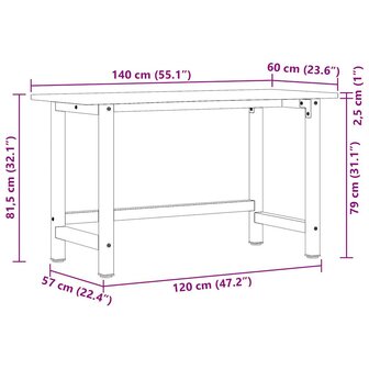 Werkbank 140x60x81,5 cm massief eikenhout donkerbruin 11