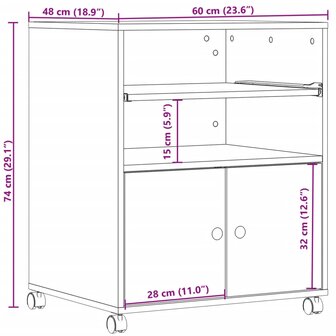 Printerkastje met wielen 60x48x74 cm grijs sonoma eikenkleur 10