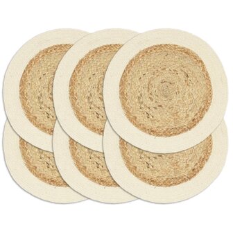 Placemats 6 st rond 38 cm jute en katoen natuurlijk  1