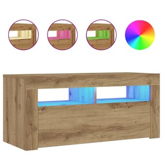 Tv-meubel met LED 90x35x40 cm bewerkt hout artisanaal eiken 2