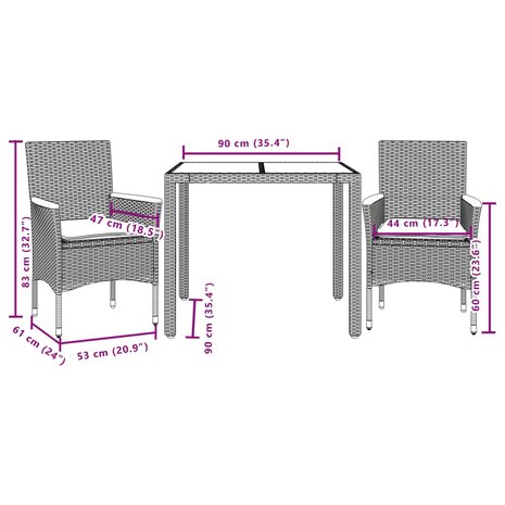 3-delige Tuinset met kussens poly rattan en glas grijs 8721102491412 7