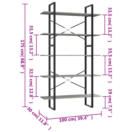 Boekenkast met 5 schappen 100x30x175 cm bewerkt hout betongrijs 8720286649589 6