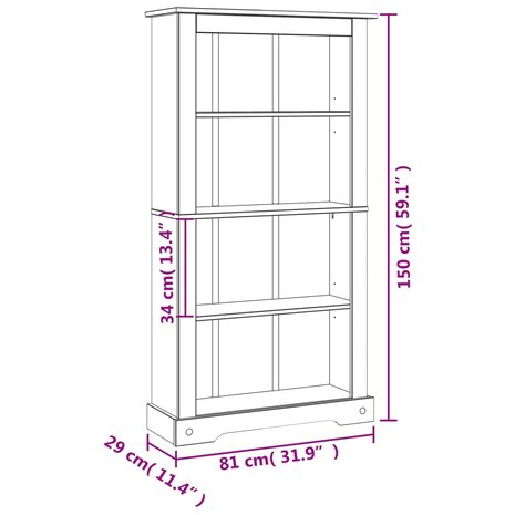 Boekenkast grenenhout met 4 planken Corona-stijl 81x29x150 cm 8718475526230 8