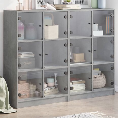 Boekenkast met deuren 136x37x109 cm bewerkt hout betongrijs 8721012216037 1