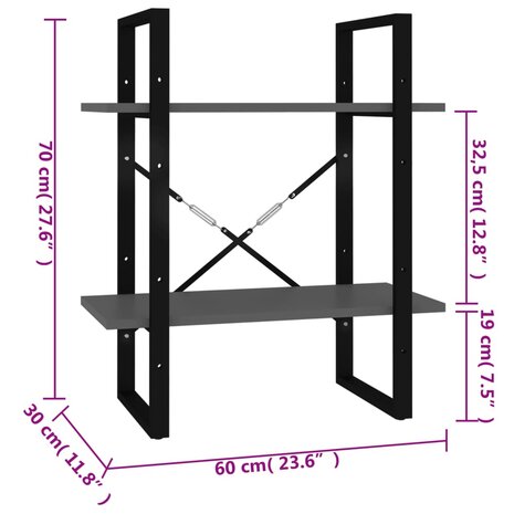 Boekenkast met 2 schappen 60x30x70 cm bewerkt hout grijs 8720286567197 7