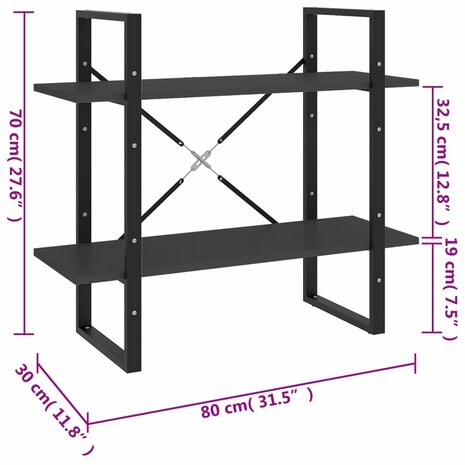 Boekenkast met 2 schappen 80x30x70 cm spaanplaat grijs 8720286567395 7