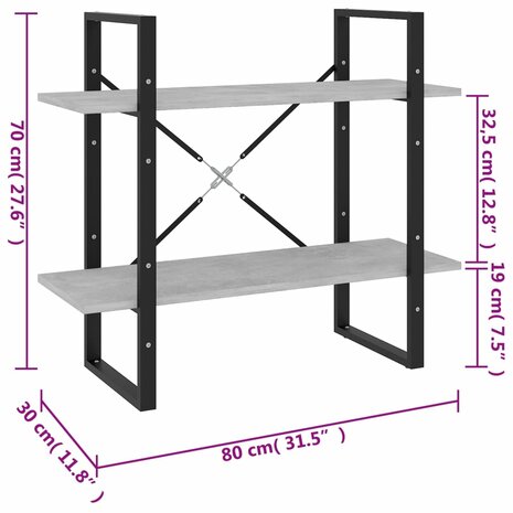 Boekenkast met 2 schappen 80x30x70 cm spaanplaat betongrijs 8720286567418 7