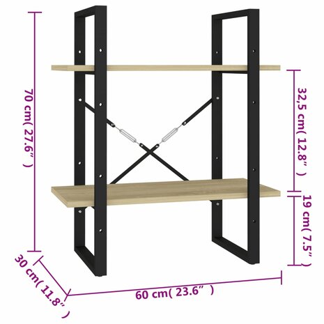 Boekenkast met 2 schappen 60x30x70 cm bewerkt hout sonoma eiken 8720286567203 7