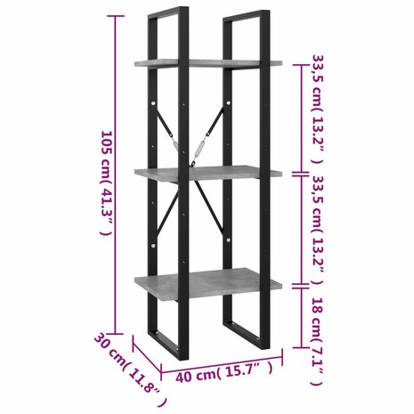 Boekenkast met 3 schappen 40x30x105 cm bewerkt hout betongrijs 8720286567814 7