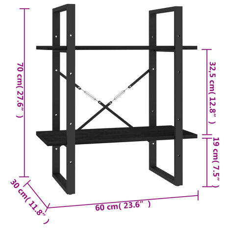 Boekenkast met 2 schappen 60x30x70 cm massief grenenhout zwart 8720286567265 8