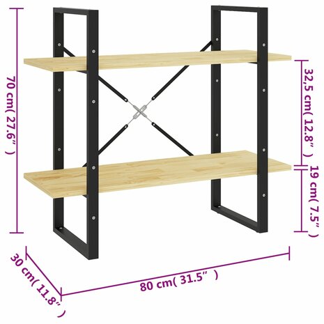 Boekenkast met 2 schappen 80x30x70 cm massief grenenhout 8720286567425 8