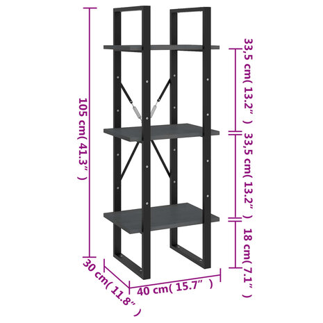 Boekenkast met 3 schappen 40x30x105 cm massief grenenhout grijs 8720286567845 8