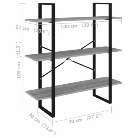 Boekenkast 100x30x105 cm bewerkt hout grijs sonoma eikenkleurig 8720287088288 7