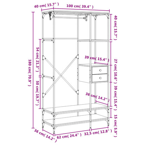 Kledingkast met lades 100x40x180 cm bewerkt hout bruineiken 8721012340039 12