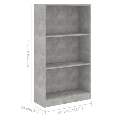 Boekenkast met 3 schappen 60x24x109 cm bewerkt hout betongrijs 8719883787725 6