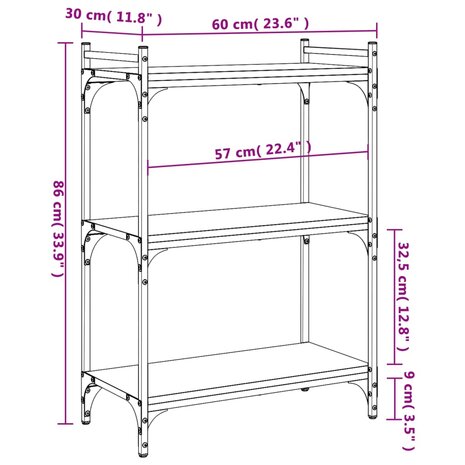 Boekenkast 3-laags 60x30x86 cm bewerkt hout sonoma eikenkleurig 8721012194304 9