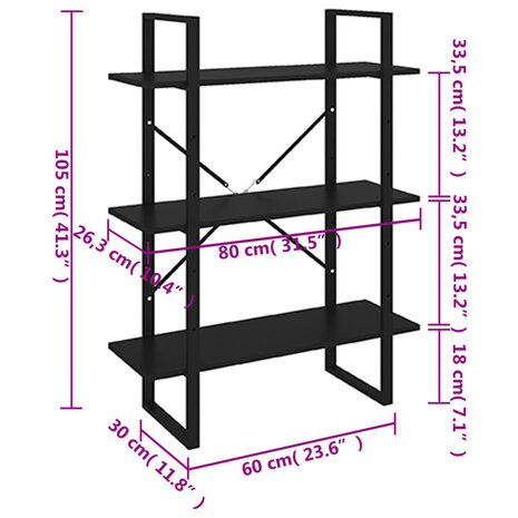 Boekenkast 80x30x105 cm bewerkt hout zwart 8720286568187 5