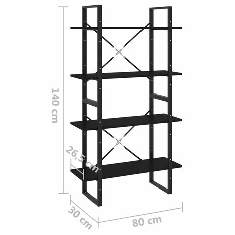 Boekenkast met 4 schappen 80x30x140 cm spaanplaat zwart 8720286567487 7