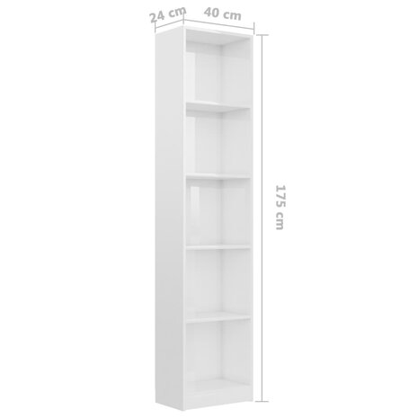 Boekenkast 5 schappen 40x24x175 cm bewerkt hout hoogglans wit 8719883787565 6