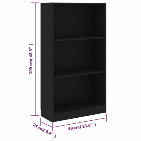 Boekenkast met 3 schappen 60x24x109 cm bewerkt hout zwart 8719883787695 6