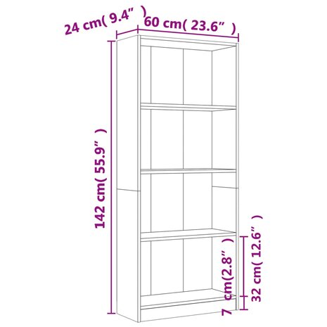 Boekenkast 4 schappen 60x24x142 cm bewerkt hout grijs sonoma 8720286976357 6