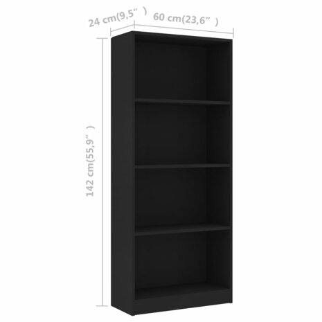 Boekenkast met 4 schappen 60x24x142 cm bewerkt hout zwart 8719883869216 6