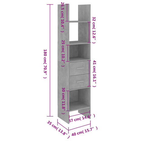 Boekenkast 40x35x180 cm bewerkt hout betongrijs 8720286352755 8