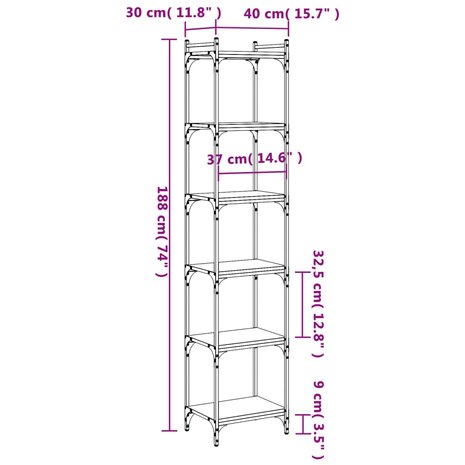 Boekenkast 6-laags 40x30x188 cm bewerkt hout gerookt eikenkleur 8721012194267 9