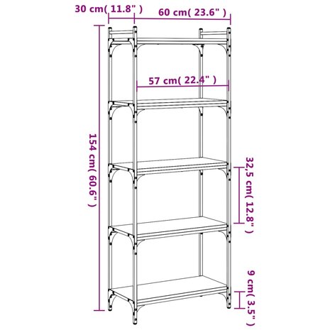 Boekenkast 5-laags 60x30x154 cm bewerkt hout gerookt eikenkleur 8721012194410 9